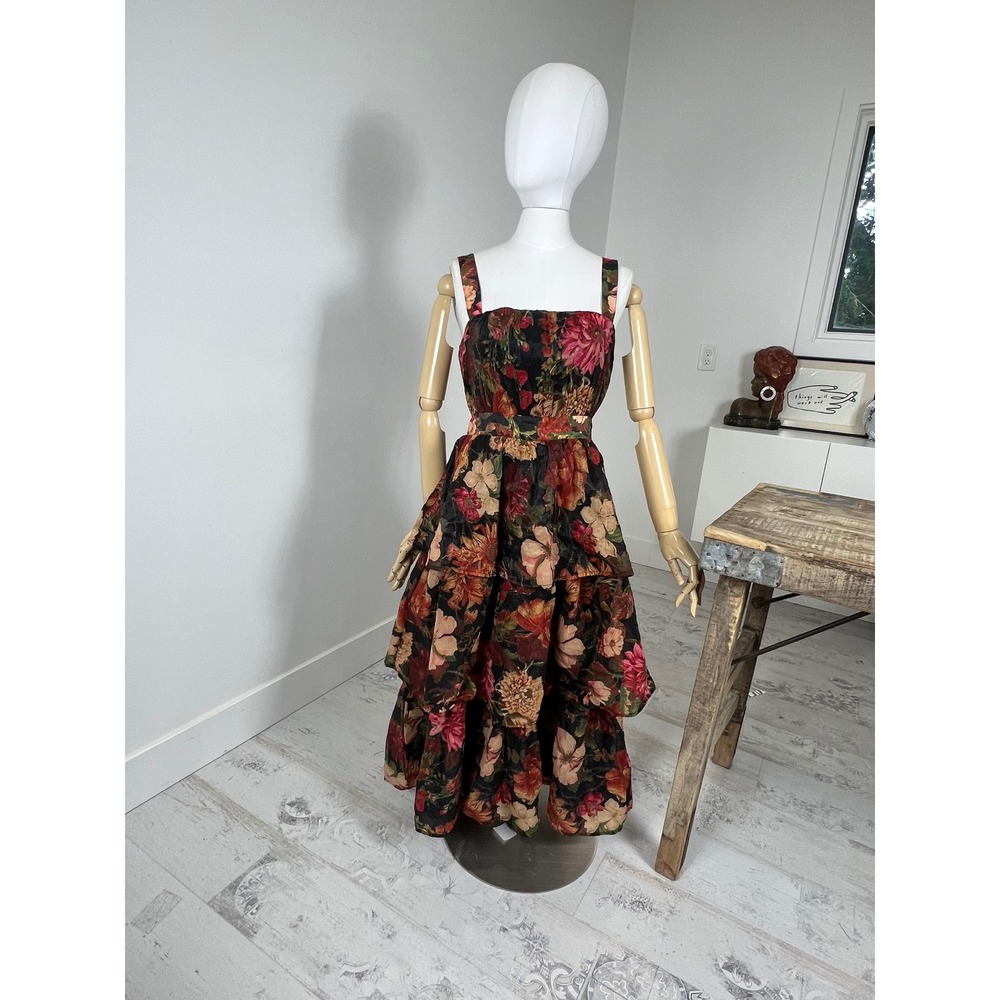 Flying Tomato Floral Tiered Midi Dress Black Red Orange Square Neck Medium